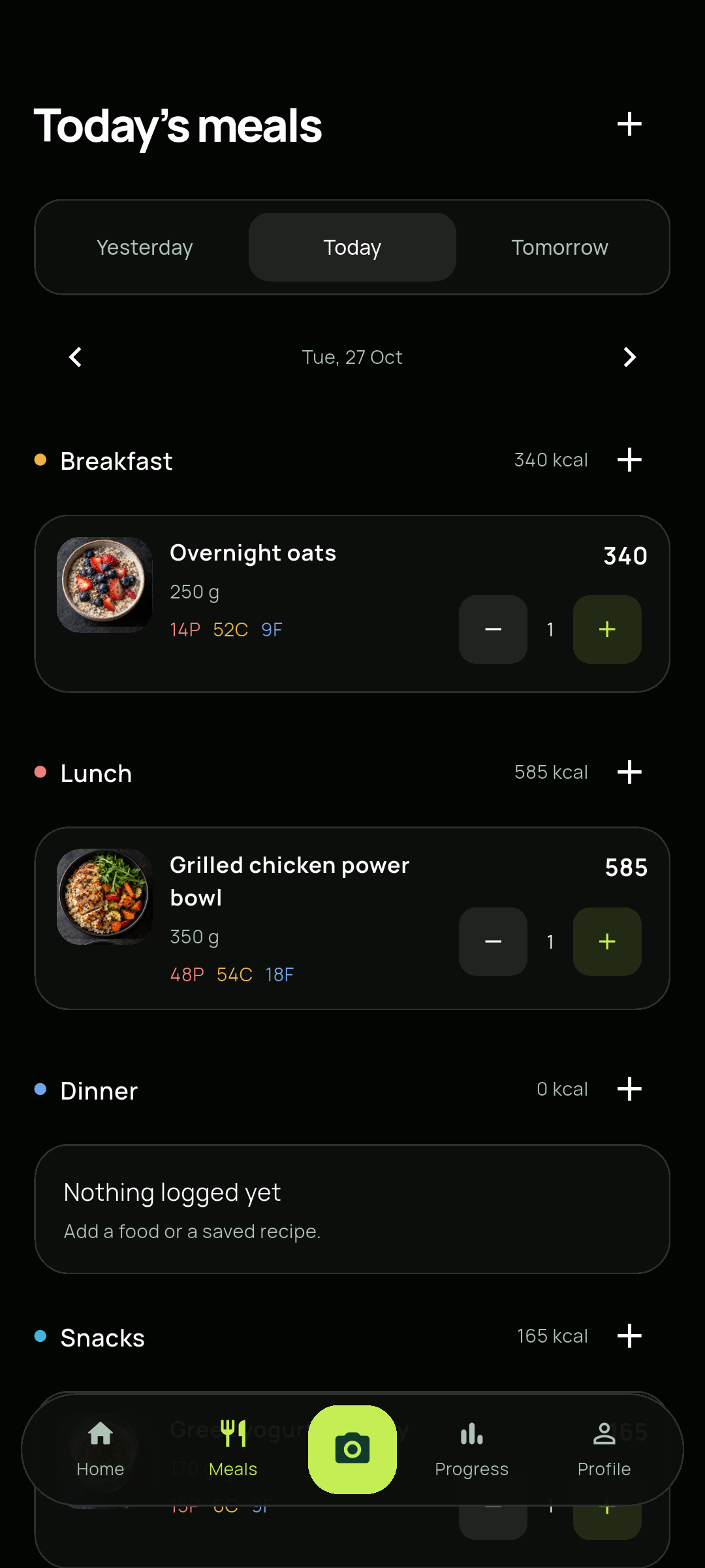 Track meal diary with food photos, portions and nutrient values